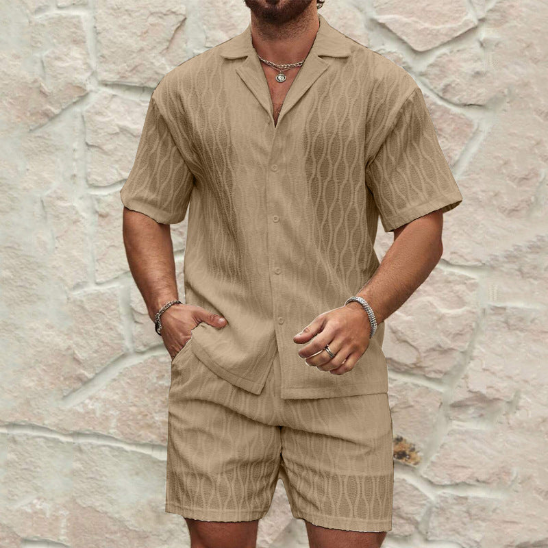 Men’s Summer Tracksuit Set – Casual Solid Lapel Shirt & Shorts for Beach, Holiday & Everyday Wear