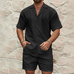 Men’s Summer Tracksuit Set – Casual Solid Lapel Shirt & Shorts for Beach, Holiday & Everyday Wear