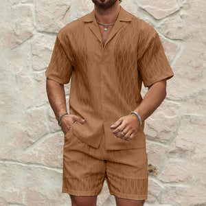 Men’s Summer Tracksuit Set – Casual Solid Lapel Shirt & Shorts for Beach, Holiday & Everyday Wear