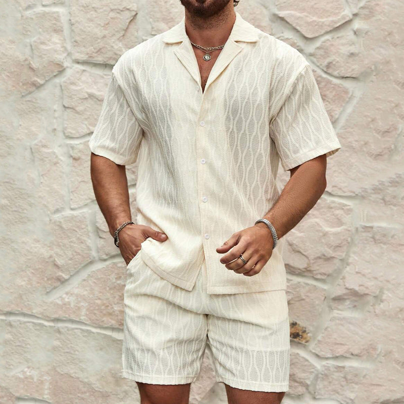 Men’s Summer Tracksuit Set – Casual Solid Lapel Shirt & Shorts for Beach, Holiday & Everyday Wear